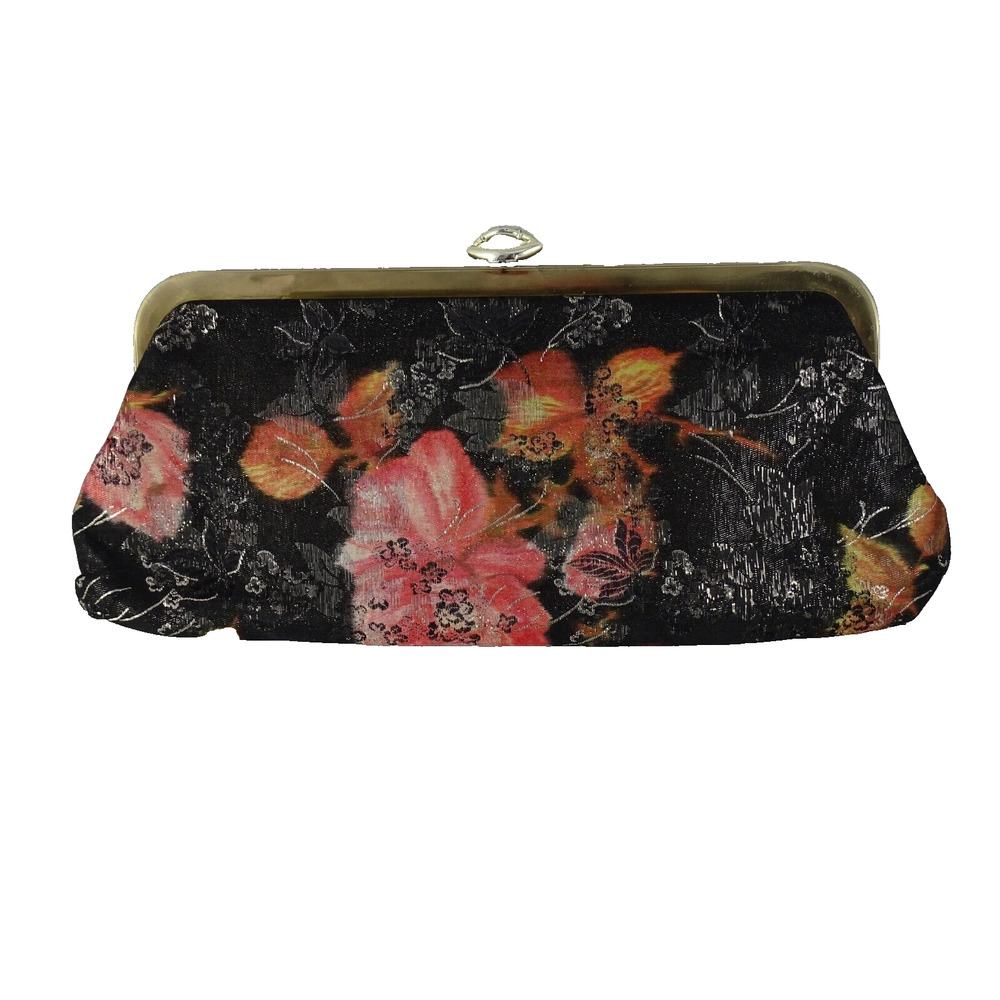 Vintage 50s 60s Black PInk Coral Brocade Gold Floral Hinged Evening Clutch Purse